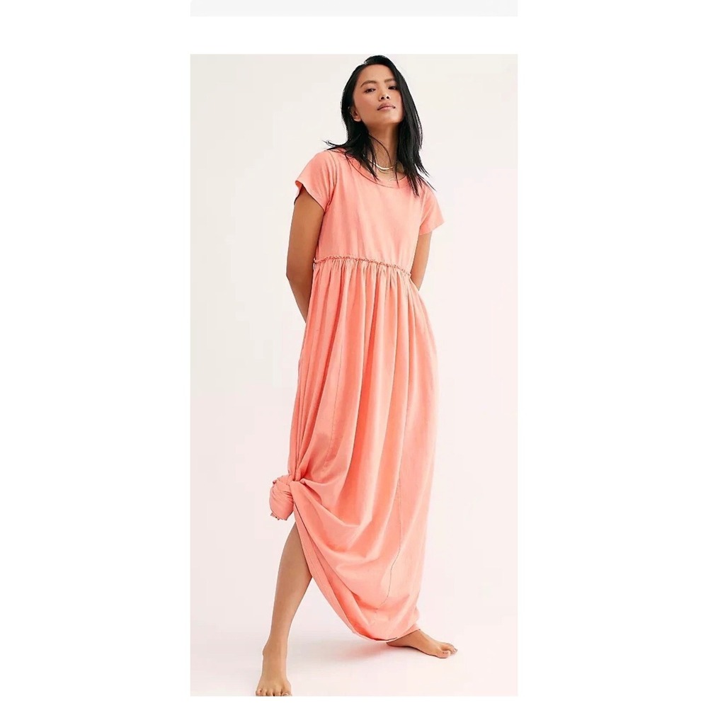 FP Carissa Boho Orange Apricot Maxi Dress Short Sleeve Pocket XS